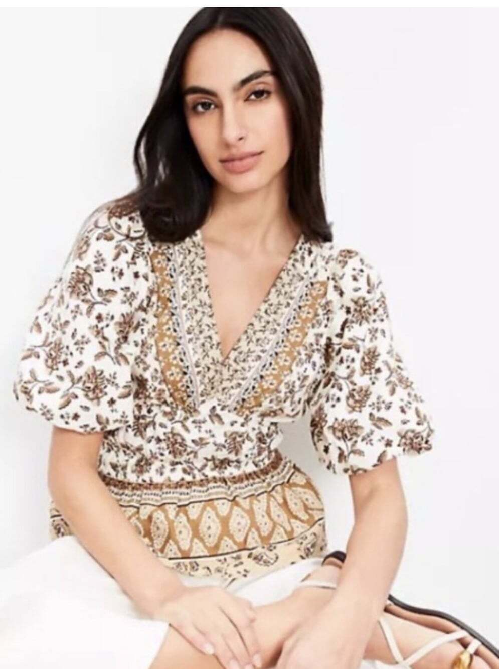 LOFT Floral Puff Sleeve Top Brown Cream Peplum V Neck Blouse Sz XL Boho Peasant